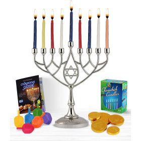 Last Minute Complete Hanukkah Menorah Kit - 9" Menorah, 44 Colored Hanukkah Candles, Chanukah Handbook Guide , 4 Colored Dreidels, Chocolate Gelt Coin