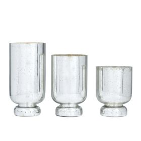 DecMode 3-Slot Silver Glass Pillar Hurricane Lamp with Faux Mercury Glass Finish, Set of 3 - DecMode