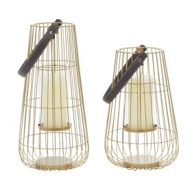 DecMode 2 Holder Gold Metal Decorative Candle Lantern with Leather Straps, Set of 2 - DecMode