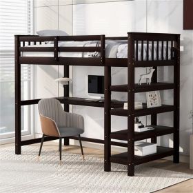 Twin Size Loft Bed with Storage Shelves and Under-bed Desk, Espresso - as picture