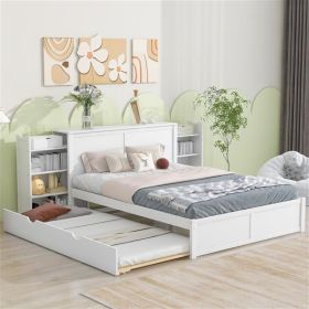 Queen Size Storage Platform Bed with Pull Out Shelves and Twin XL Size Trundle, White - as picture