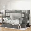 Stairway Twin-Over-Full Bunk Bed with Drawer, Storage and Guard Rail for Bedroom, Dorm, for Adults, Gray color - as picture