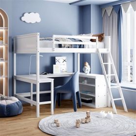 Full size Loft Bed with Shelves and Desk, Wooden Loft Bed with Desk - White - as picture