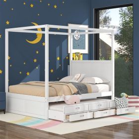 Queen Size Canopy Platform Bed with Twin Size Trundle and Three Storage Drawers,White - as picture