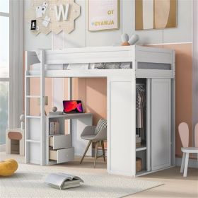 Wood Twin Size Loft Bed with Wardrobes and 2-Drawer Desk with Cabinet, White - as picture