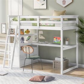 Twin Size Loft Bed with Desk and Shelves, Two Built-in Drawers, White - as picture