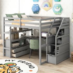 Full Size Loft Bed with Desk and Shelves, Two Built-in Drawers, Storage Staircase, Gray - as picture