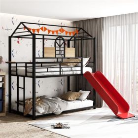 Metal Bunk Bed ,Metal Housebed With Slide,Three Colors Available.(Black with Red Slide) - as picture