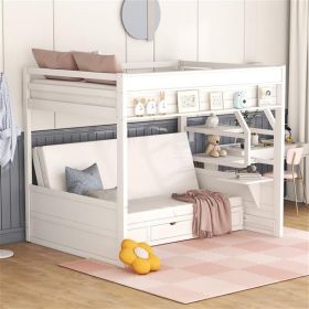 Wood Full Size Convertible Bunk Bed with Storage Staircase, Bedside Table, and 3 Drawers, White - as picture