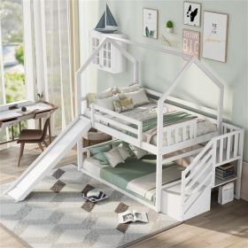 House Bunk Bed with Convertible Slide,Storage Staircase,White - as picture