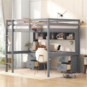 Full Size Loft Bed with Desk, Cabinets, Drawers and Bedside Tray, Charging Station, Gray - as picture