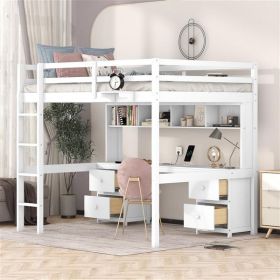 Full Size Loft Bed with Desk, Cabinets, Drawers and Bedside Tray, Charging Station, White - as picture