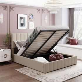 Queen size Upholstered Platform bed with a Hydraulic Storage System - Beige - as picture