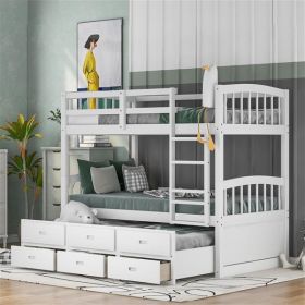 Wood Bunk Bed with Trundle and Drawers,White - as picture