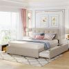 Upholstered Platform Bed with 2 Drawers and 1 Twin XL Trundle, Linen Fabric, Queen Size - Dark Beige - as picture