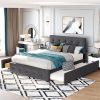 Upholstered Platform Bed with 2 Drawers and 1 Twin XL Trundle, Linen Fabric, Queen Size - Dark Gray - as picture