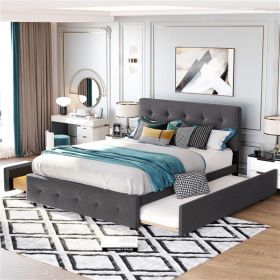 Upholstered Platform Bed with 2 Drawers and 1 Twin XL Trundle, Linen Fabric, Queen Size - Dark Gray - as picture