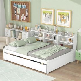 Full Bed with Side Bookcase, Drawers,White - as picture