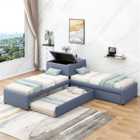 L-shaped Upholstered Platform Bed with Trundle and Two Drawers Linked with built-in Desk,Twin,Gray - as picture