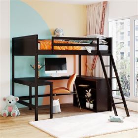 Full size Loft Bed with Shelves and Desk, Wooden Loft Bed with Desk - Espresso - as picture