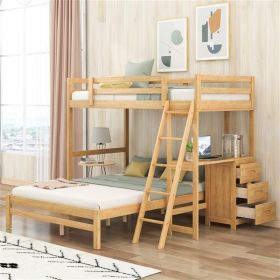 Twin over Full Bunk Bed with Built-in Desk and Three Drawers,Natural - as picture