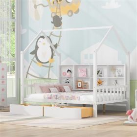 Wooden Full Size House Bed with 2 Drawers,Kids Bed with Storage Shelf, White(Expected Arrival Time: 5.15) - as picture