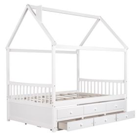 Full size Wooden House Bed with Trundle and 3 Storage Drawers-White - as picture