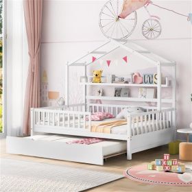 Wooden Full Size House Bed with Twin Size Trundle,Kids Bed with Shelf, White - as picture