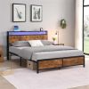 Industrial Queen Bed Frame with LED Lights and 2 USB Ports, Bed Frame Queen Size with Storage, Noise Free, No Box Spring Needed, Rustic Brown - as pic