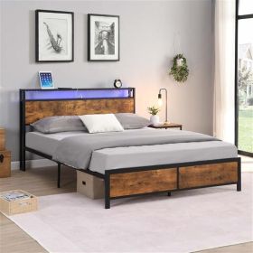 Industrial Queen Bed Frame with LED Lights and 2 USB Ports, Bed Frame Queen Size with Storage, Noise Free, No Box Spring Needed, Rustic Brown - as pic