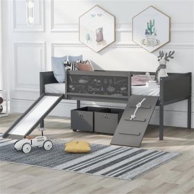 Twin size Loft Bed Wood Bed with Two Storage Boxes - Gray - as picture