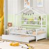 Wooden Twin Size House Bed with Trundle,Kids Bed with Shelf, White - as picture