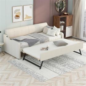 Twin Size Upholstery Daybed with Trundle and USB Charging Design,Trundle can be flat or erected,Beige - as picture