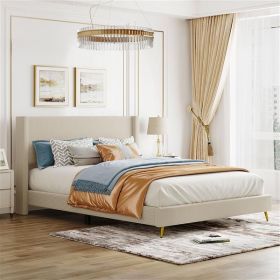 Queen Size Corduroy Platform Bed with Metal Legs, Beige - as picture