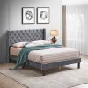 Velvet Button Tufted-Upholstered Bed with Wings Design - Strong Wood Slat Support - Easy Assembly - Gray, Queen, platform bed - as picture