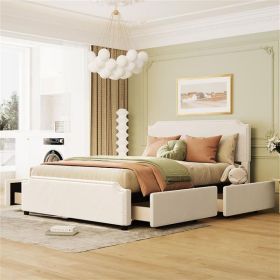 Upholstered Platform Bed with Stud Trim Headboard and Footboard and 4 Drawers No Box Spring Needed, Velvet Fabric, Queen Size (Beige) - as picture