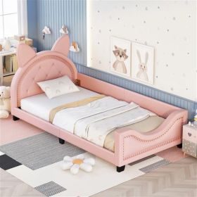 Twin Size Upholstered Daybed with Carton Ears Shaped Headboard, Pink - as picture