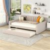 Full Size Upholstered daybed with Trundle and Wood Slat Support, Beige - as picture