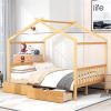 Full Size House Platform Bed with Two Drawers,Headboard and Footboard,Roof Design,Natural - as picture