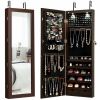 Lockable Wall Mount Mirrored Jewelry Cabinet with LED Lights - brown