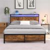 Industrial Queen Bed Frame with LED Lights and 2 USB Ports, Bed Frame Queen Size with Storage, Noise Free, No Box Spring Needed, Rustic Brown - as pic