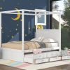 Queen Size Canopy Platform Bed with Twin Size Trundle and Three Storage Drawers,White - as picture