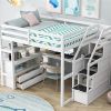 Full Size Loft Bed with Desk and Shelves, Two Built-in Drawers, Storage Staircase, White - as picture