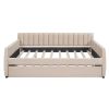 Full Size Upholstered daybed with Trundle and Wood Slat Support, Beige - as picture