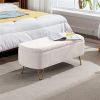 Ivory White Storage Ottoman Bench for End of Bed Gold Legs, Modern Ivory White Faux Fur Entryway Bench Upholstered Padded with Storage for Living Room