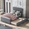 Linen Upholstered Platform Bed With Headboard and Trundle, Full - as picture