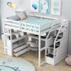 Full Size Loft Bed with Desk and Shelves, Two Built-in Drawers, Storage Staircase, White - as picture