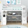 Full Size Loft Bed with Desk and Shelves, Two Built-in Drawers, Storage Staircase, White - as picture