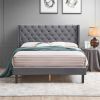 Velvet Button Tufted-Upholstered Bed with Wings Design - Strong Wood Slat Support - Easy Assembly - Gray, Queen, platform bed - as picture