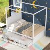 Queen Size Canopy Platform Bed with Twin Size Trundle and Three Storage Drawers,White - as picture